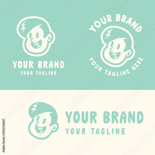 Retro cartoon boy logo with angry expression in blue and white. Perfect for playful, edgy, or youth-oriented branding. Editable EPS vector for scalable use in any design project