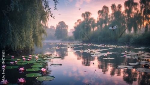 Dragonfly flying over a tranquil lily pond at early dawn