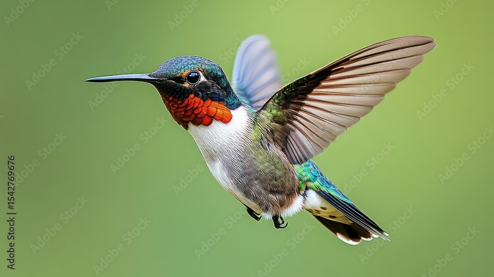 Fototapeta premium Hummingbird, wings spread, hovering against blurred green