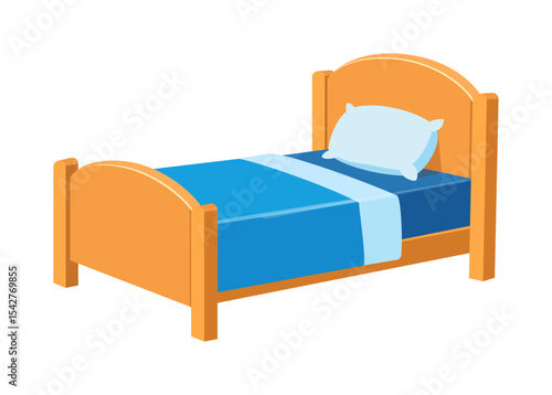 Isometric illustration of single bed with a pillow and blue blanket