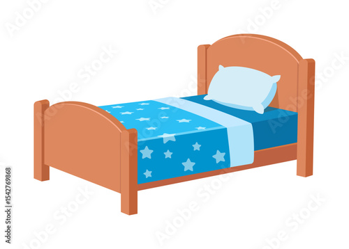 Illustration of a bed with a pillow and blue sheets with white stars