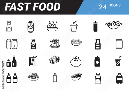 Assorted Fast Food Icons: A neatly arranged set of 24 hand-drawn line icons, perfectly capturing the essence of various fast food items, from classic burger to refreshing beverages.