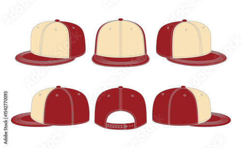 Snapback Cap set Fashion flat technical drawing, Snapback flat vector mockup design. SOCKS fashion flat sketch template. hat template vector,  Mock-up Template. technical hat apparel vector