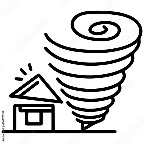 Outline style image depicts a house with its roof detached and flying off due to a powerful tornado, denoting property destruction, severe weather, or a natural disaster. Related to natural disasters