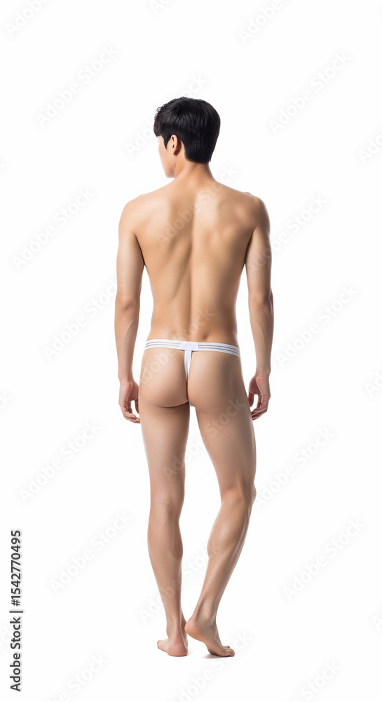 Fototapeta premium Athletic man modeling white thong underwear, showcasing a toned physique from the back on a white background. Ideal for fashion, fitness, and men's underwear promotions with a clean, bold look