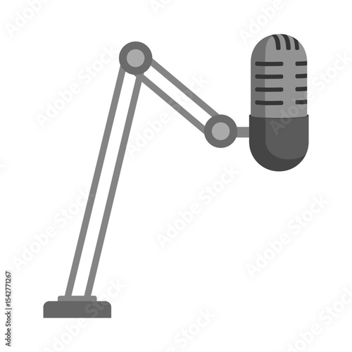 Grey Microphone with Stand for Recording Studio and Broadcasting in a Flat Design Style