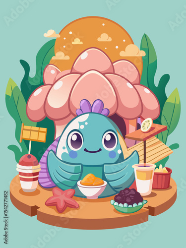 Discover a whimsical underwater scene featuring a giant clam transformed into a cozy sea cafe where fish sip bubbly drinks