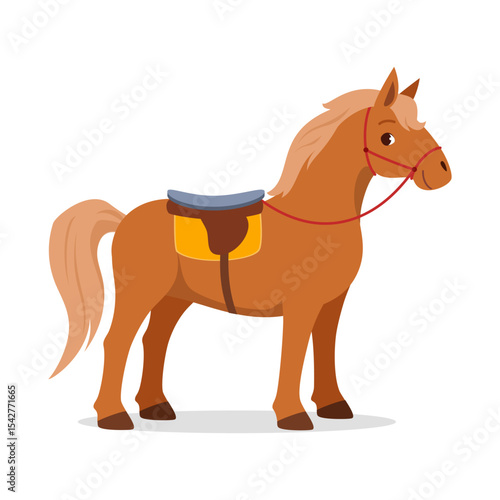 Illustration of a Brown Horse Standing with Saddle and Bridle in Side View, Cartoon Style