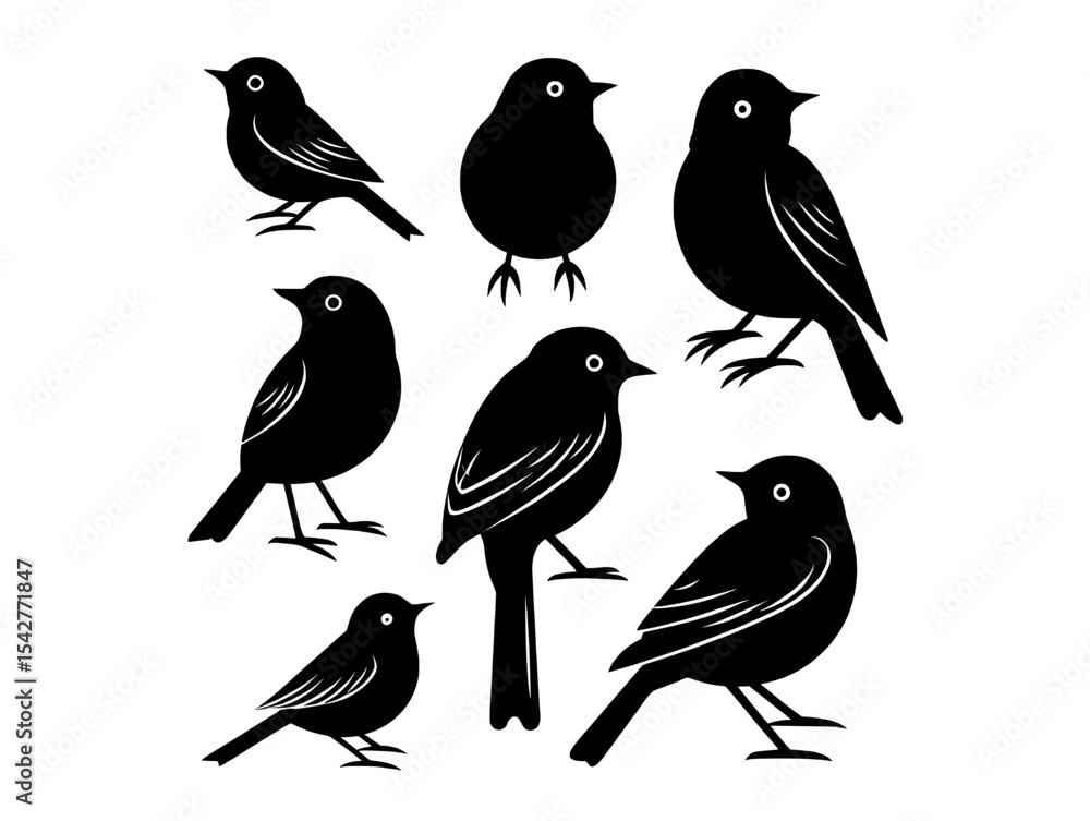 Fototapeta premium set of sparrow vector , Collection of seven black bird silhouettes on a white background