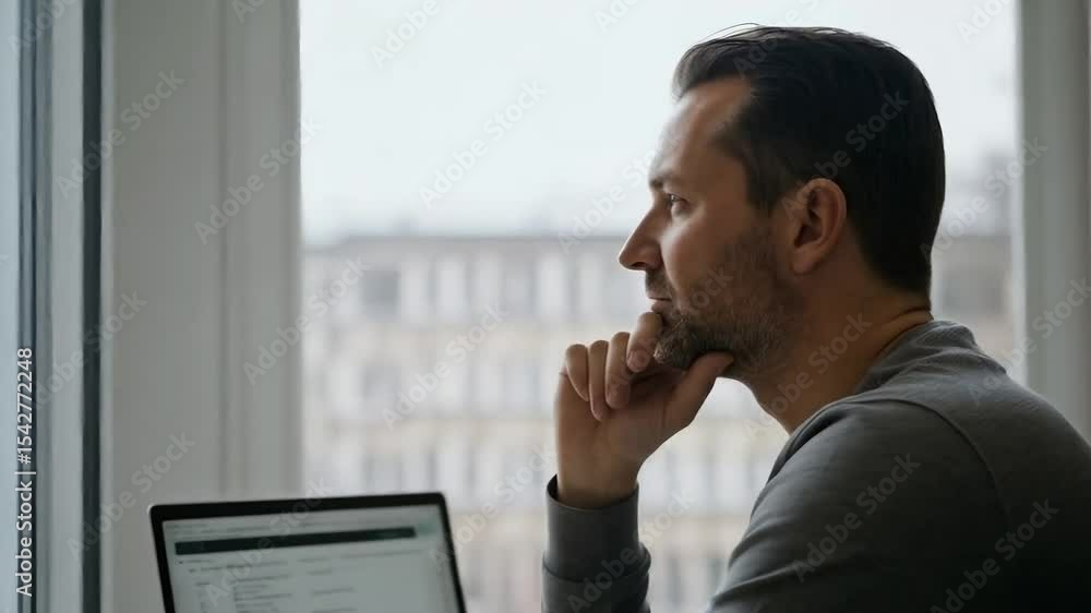 A pensive businessman sits at his desk looking out the window A pensive businessman sits at his desk looking out the window