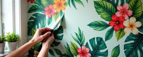 Wallpaper Mural Hands carefully applying vibrant tropical wallpaper to a wall , paradise, vibrant, renovation Torontodigital.ca