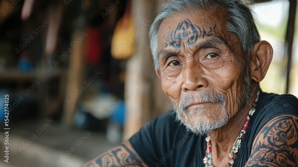 Elderly man showing his traditional tattoos Elderly man showing his traditional tattoos