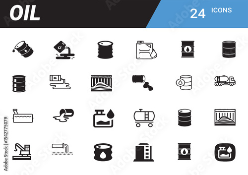 Oil Icons: A collection of various icons representing the oil industry, each meticulously crafted in a minimalist, monochrome style, showcasing barrels, tankers.