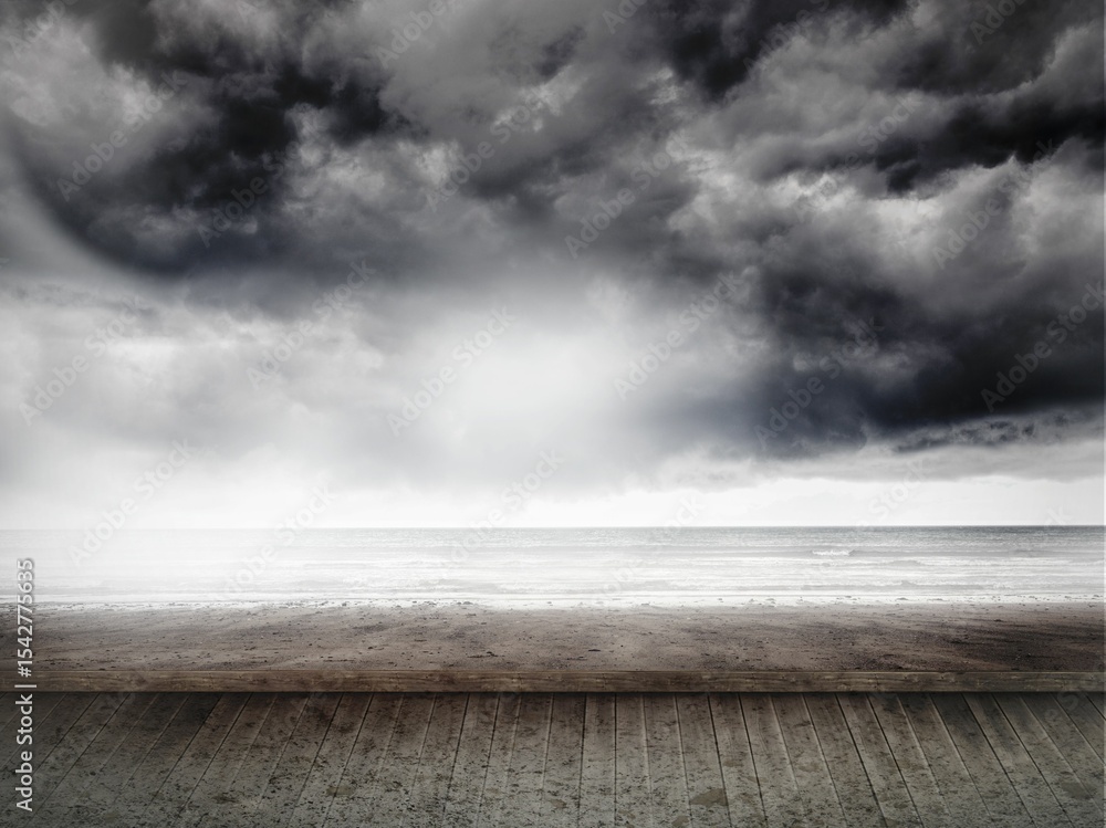 Fototapeta premium Boardwalk is extending over wet sand toward calm sea under brooding storm clouds in flat design