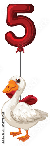 Goose with Red Balloon Number Five Illustration