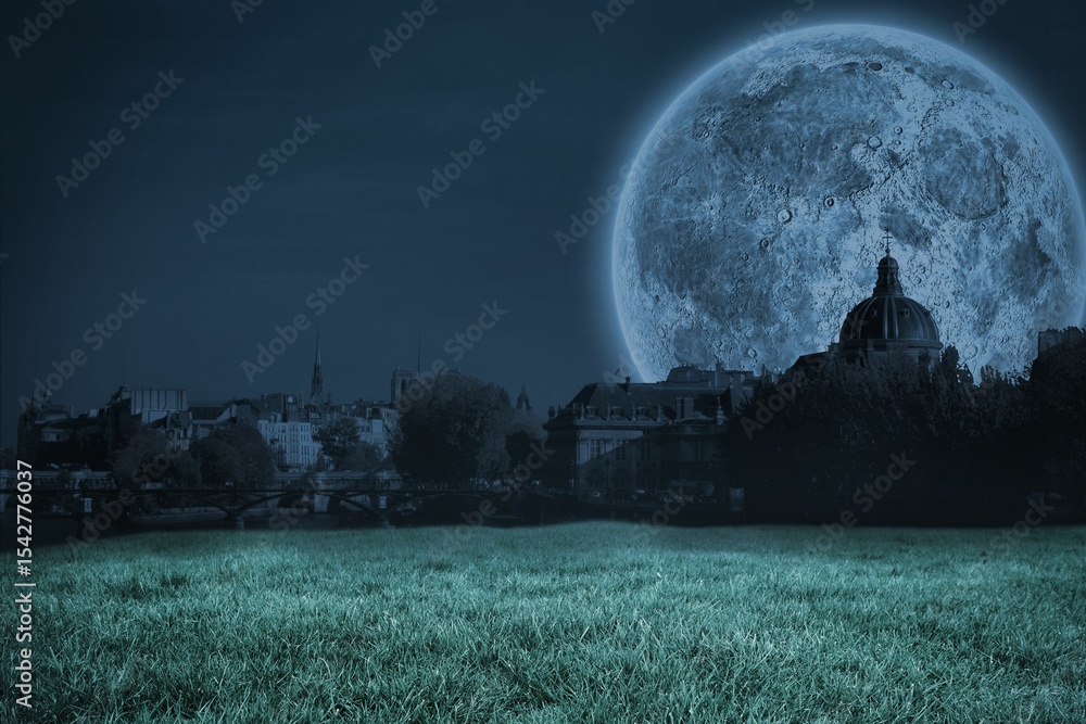 Fototapeta premium Digital composite of Bright moon over Paris
