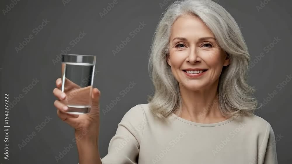 A smiling mature woman with gray hair holds a glass of water A smiling mature woman with gray hair holds a glass of water