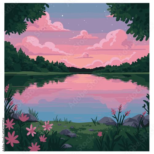 Serene Pink Sunset Lake Reflection: Peaceful Nature Illustration