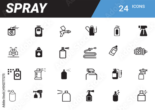 Iconic Spray Collection: A comprehensive collection of 24 icons representing diverse spray bottles, canisters, and equipment. Designed with simplicity.
