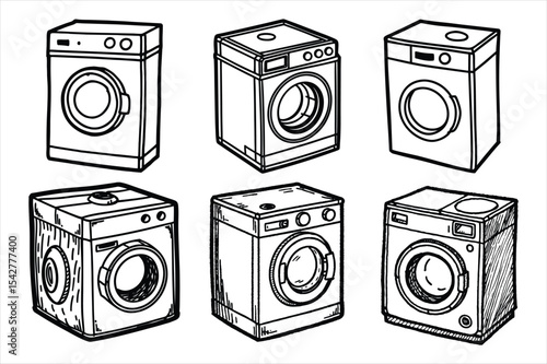 Set of hand drawn sketch washing machine line art vector illustration on white background.