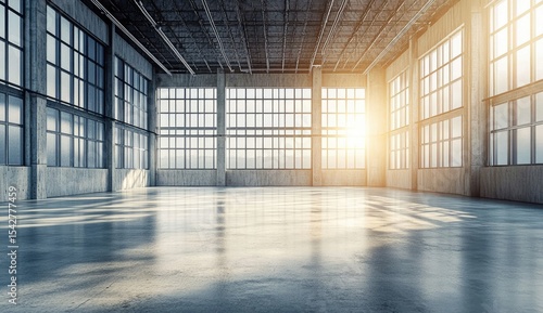 Wallpaper Mural Industrial warehouse interior, concrete floors, large windows, sunlight Torontodigital.ca