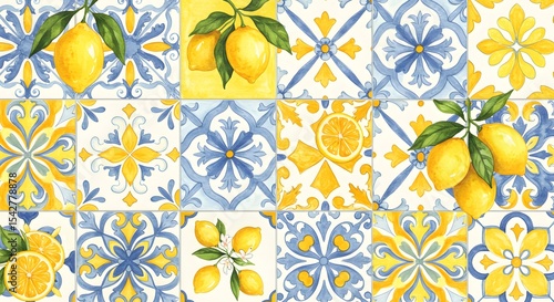 Lemon and Blue Tile Pattern Mediterranean Kitchen Decor Illustration
