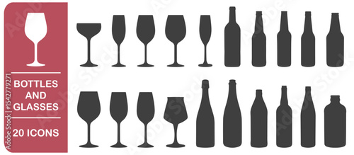 Set of different wine glasses and beer bottles icon symbols. Beer bottle icons collection. Vector illustration image. Wine glass and bottles silhouette shape sign. Isolated on white background.