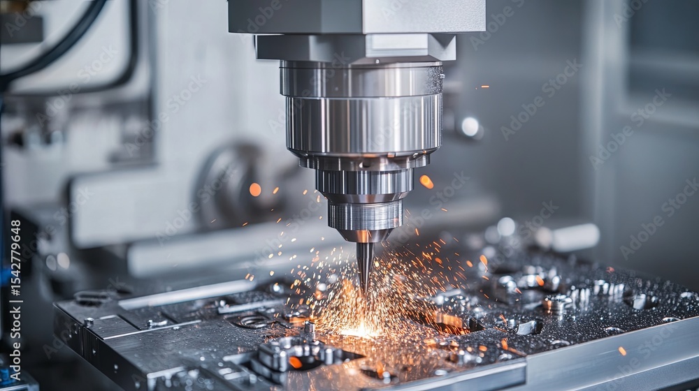Close-up of high-precision CNC machining process with flying sparks, showing detailed metal cutting, mechanical engineering tools, and advanced industrial manufacturing technology.
Close-up of high-precision CNC machining process with flying sparks, showing detailed metal cutting, mechanical engineering tools, and advanced industrial manufacturing technology.