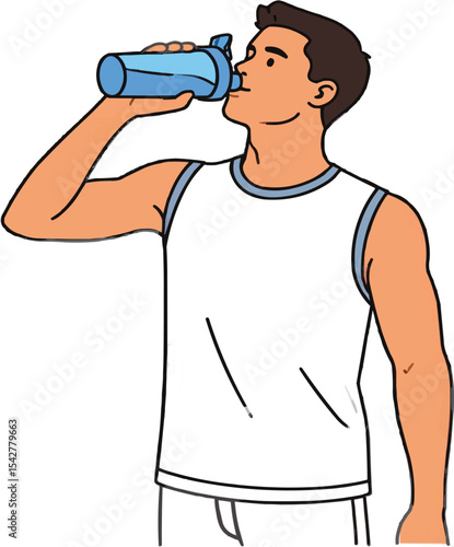 Man drinking from a blue bottle after a workout for hydration and healthiness on transparent background