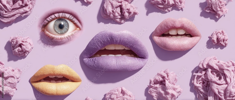 Playful collage of eyes, lips, and textured cream swirls in pastel colors - modern beauty concept for digital marketing and creative branding campaigns Playful collage of eyes, lips, and textured cream swirls in pastel colors - modern beauty concept for digital marketing and creative branding campaigns