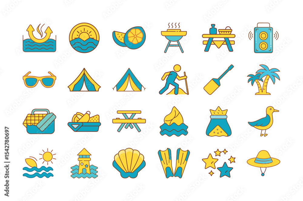 Fototapeta premium Summer Vacation and Outdoor Activity Icon Set