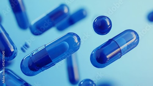 Floating, translucent blue capsules against a light blue background