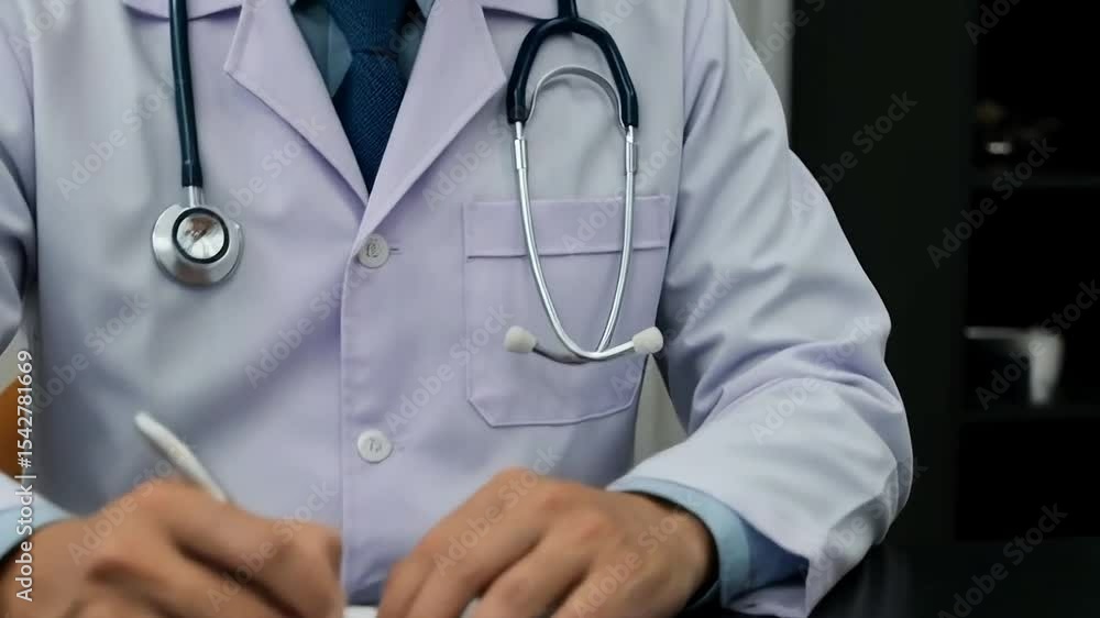 A doctor sits at a desk reviewing patient paperwork with hand sanitizer and a mask nearby A doctor sits at a desk reviewing patient paperwork with hand sanitizer and a mask nearby