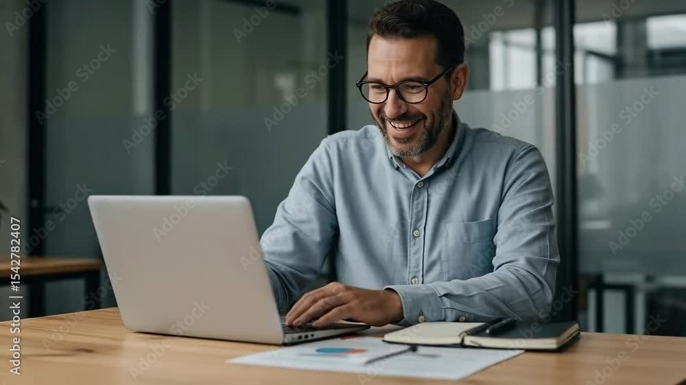 A smiling man waves hello while sitting at his desk using a laptop A smiling man waves hello while sitting at his desk using a laptop
