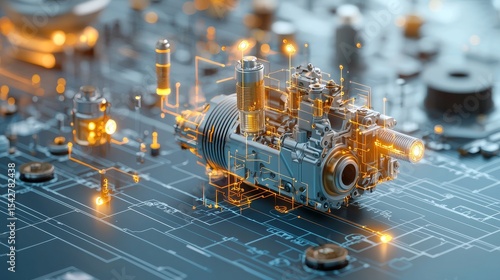 Fototapeta Naklejka Na Ścianę i Meble -  Innovative engine design technology lab 3d render industrial environment close-up view mechanical concept for future