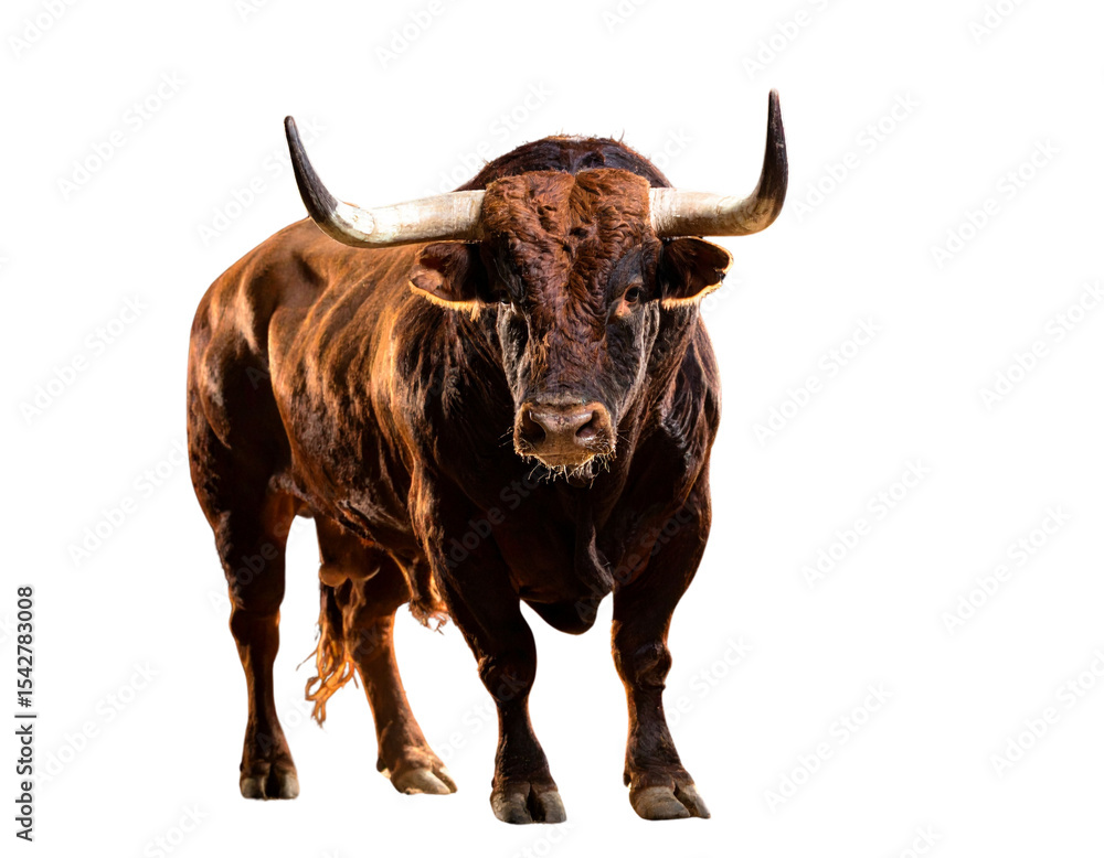 Naklejka premium Powerful Brown Bull with Glowing Green Eyes and Curved Horns, Dark Background PNG