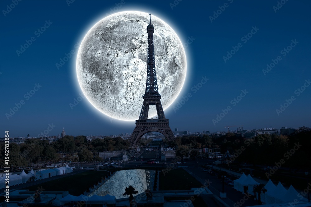 Fototapeta premium Digital composite of Large moon over paris