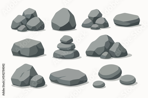 Set Ten Granite stones. Mountain rock stone heap, boulder rocky stones, granite rocks and grey pebbles vector symbols illustration set. Stones collection