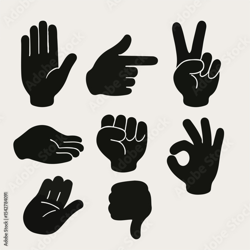 Set Vector Hands silhouettes. Cartoon human hands signs, hand palms gestures flat vector illustration set. Hands signs silhouettes