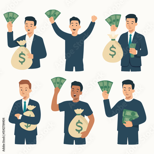 Male character with money. Successful rich man, financial well-being, men money bag flat vector illustration. Financially successful male
