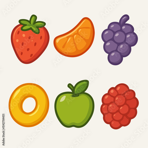 Jelly gummies. Cartoon fruity candies, delicious chewy sweets with various flavors flat vector illustration set. Jelly sweets collection on white
