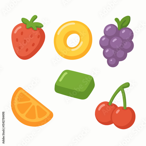 Jelly gummies. Cartoon fruity candies, delicious chewy sweets with various flavors flat vector illustration set. Jelly sweets collection on white
