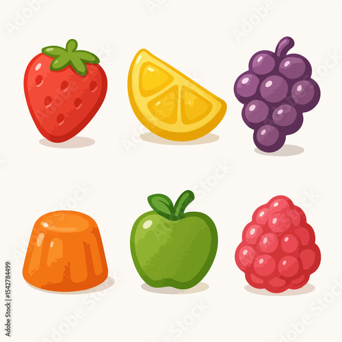 Jelly gummies. Cartoon fruity candies, delicious chewy sweets with various flavors flat vector illustration set. Jelly sweets collection on white
