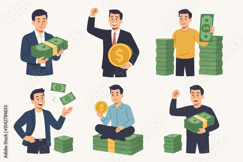 Successful rich man. Male character with money stack, financial well-being, men making, saving or investing money flat vector illustration. Financially successful male 
