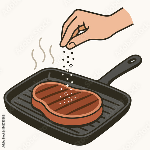 Hand salting grilling steak. Cartoon beef steak cooking process, roasted meat semi-finished products flat vector illustration. Cooking meat steak
