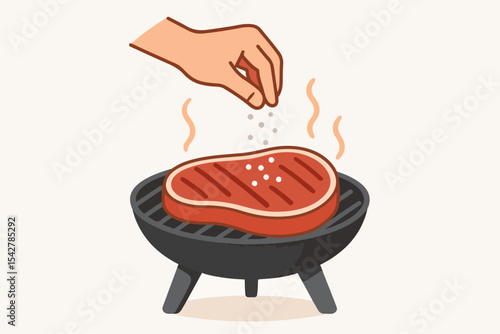 Hand salting grilling steak. Cartoon beef steak cooking process, roasted meat semi-finished products flat vector illustration. Cooking meat steak
