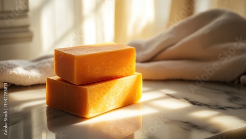 Two blocks of orange soap rest on a marble surface, bathed in sunlight filtering through a window.  A white towel is draped in the background