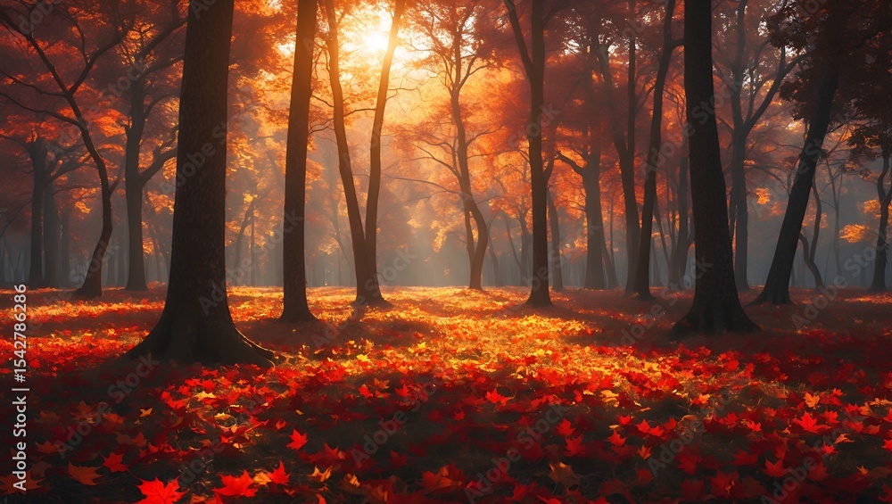 Obraz premium Autumn Forest with Red Leaves and Sunlight Streaming Through Trees