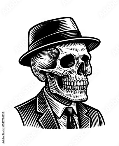 Monochrome Skull Wearing Hat and Suit with Tie Illustration in Engraved Style