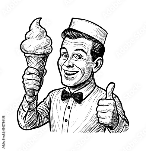 Happy Man Holding Ice Cream Cone Giving Thumbs Up in Black and White Illustration